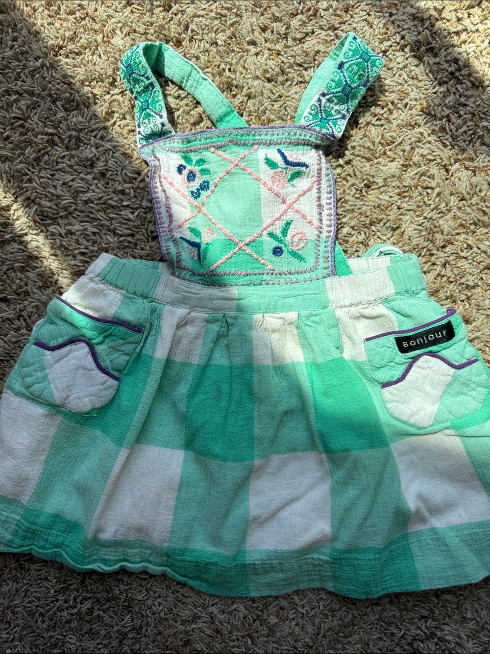 Bonjour Diary Girls' Mint & White Check Embroidered pinafore dress